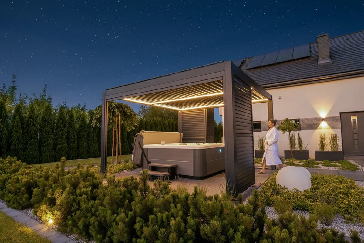 Pergola PRIME s obvodovým LED osvětlením v noci u vířivky